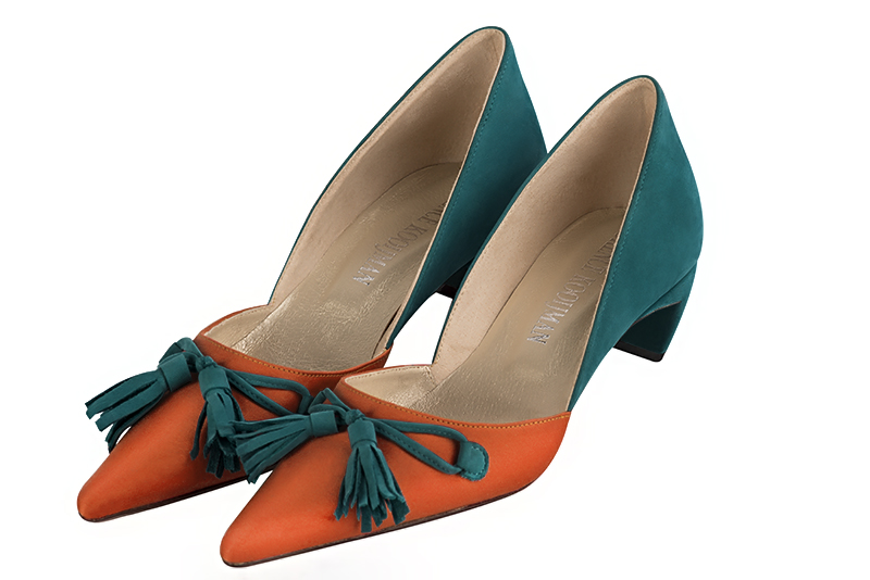 Clementine orange and peacock blue women's open arch dress pumps. Pointed toe. Low comma heels. Front view - Florence KOOIJMAN